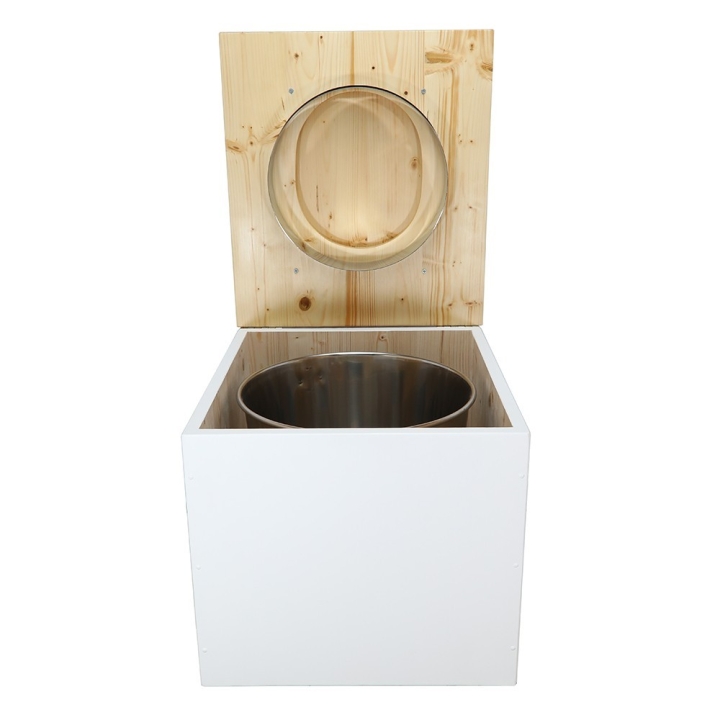  Toilette sèche en bois blanc/huilé complète avec seau inox 22 litres et bavette inox - abattant bois huilé forme de D