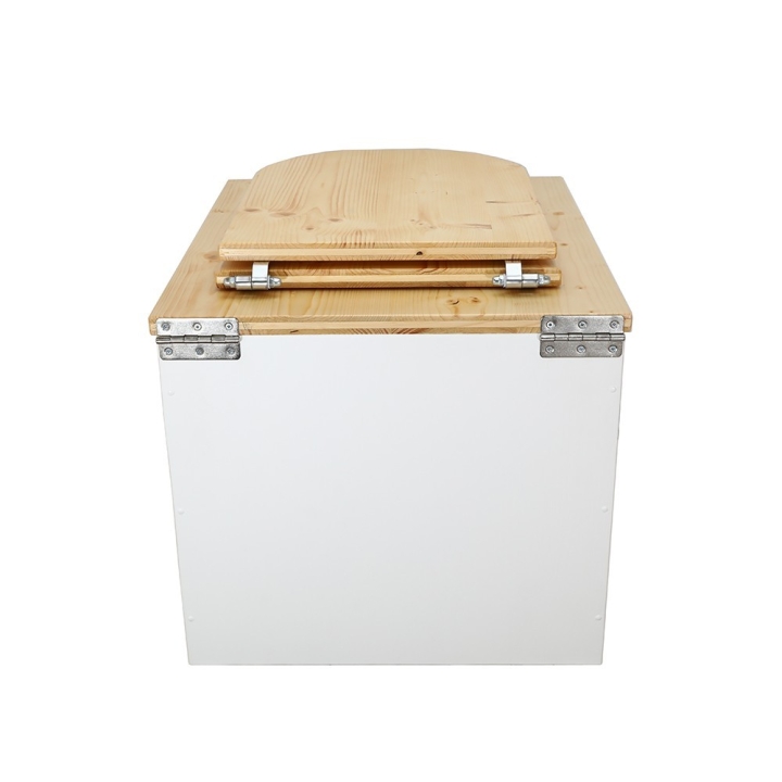  Toilette sèche en bois blanc/huilé complète avec seau inox 22 litres et bavette inox - abattant bois huilé forme de D