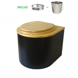 Toilette sèche en bois arrondie noire/huilé avec seau inox, bavette inox, abattant bois huilé