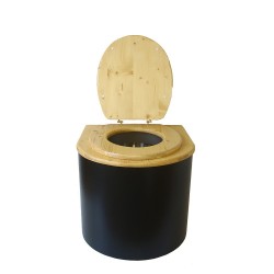 Toilette sèche en bois arrondie noire/huilé avec seau inox, bavette inox, abattant bois huilé