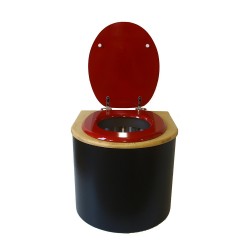 Toilette sèche en bois arrondie noire/huilé avec seau inox, bavette inox, abattant rouge