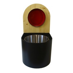 Toilette sèche en bois arrondie noire/huilé avec seau inox, bavette inox, abattant rouge