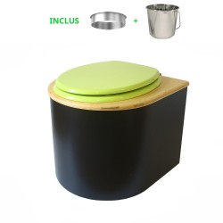Toilette sèche en bois arrondie noire/huilé avec seau inox, bavette inox, abattant vert