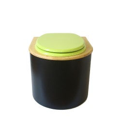 Toilette sèche en bois arrondie noire/huilé avec seau inox, bavette inox, abattant vert