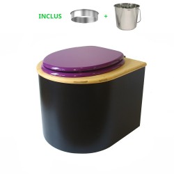 Toilette sèche en bois arrondie noire/huilé avec seau inox, bavette inox, abattant violet