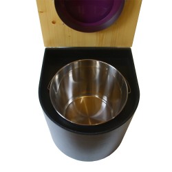 Toilette sèche en bois arrondie noire/huilé avec seau inox, bavette inox, abattant violet