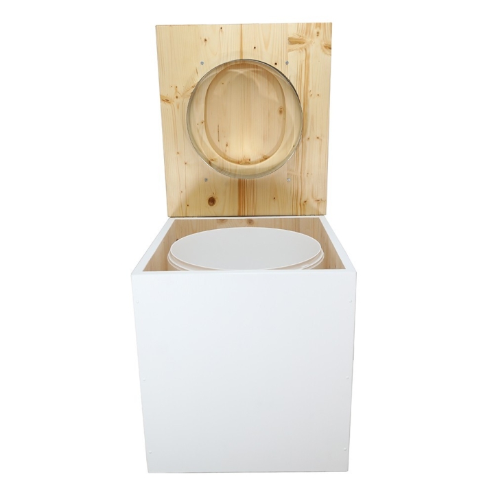 Toilette sèche rehaussée en bois blanc/huilé avec seau plastique 22L