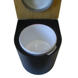 Toilette sèche arrondie noire, couvercle huilé, abattant blanc, seau plastique 22 L, bavette inox. modèle rehaussé PMR