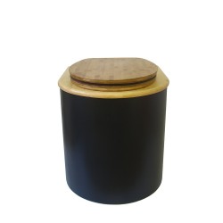 Toilette sèche arrondie noire, couvercle huilé, abattant bambou, seau plastique 22 L, bavette inox. modèle rehaussé PMR
