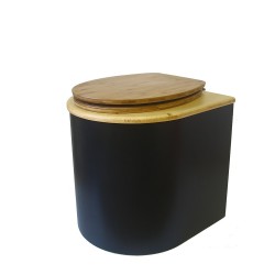 Toilette sèche arrondie noire, couvercle huilé, abattant bambou, seau plastique 22 L, bavette inox. modèle rehaussé PMR