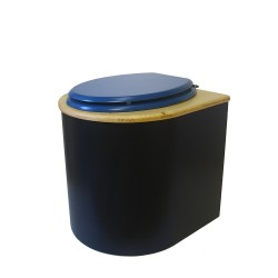 Toilette sèche arrondie noire, couvercle huilé, abattant bleu, seau plastique 22 L, bavette inox. modèle rehaussé PMR