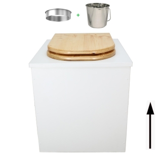 Toilette sèche rehaussée en bois blanc complète avec seau inox 22 litres et bavette inox - abattant bois huilé en forme de D