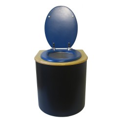 Toilette sèche arrondie noire, couvercle huilé, abattant bleu, seau plastique 22 L, bavette inox. modèle rehaussé PMR