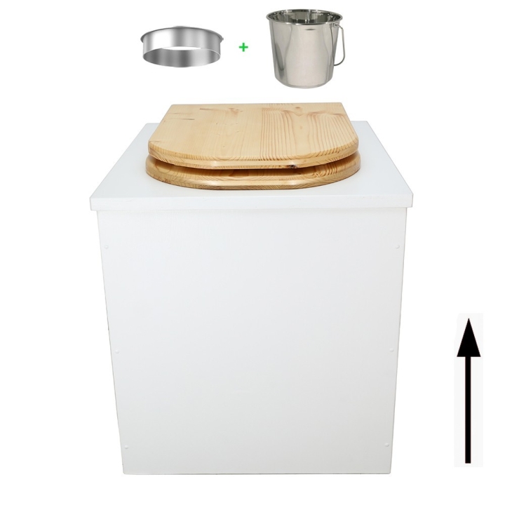 Toilette sèche rehaussée en bois blanc complète avec seau inox 22 litres et bavette inox - abattant bois huilé en forme de D