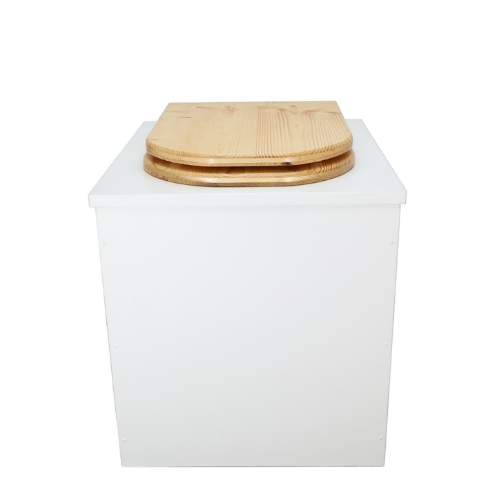  Toilette sèche rehaussée en bois blanc complète avec seau inox 22 litres et bavette inox - abattant bois huilé en forme de D