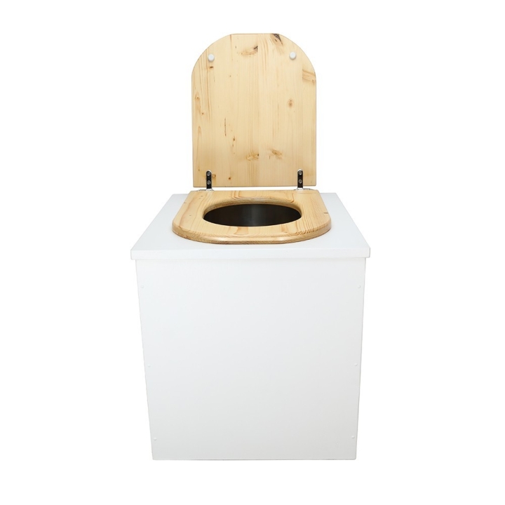  Toilette sèche rehaussée en bois blanc complète avec seau inox 22 litres et bavette inox - abattant bois huilé en forme de D