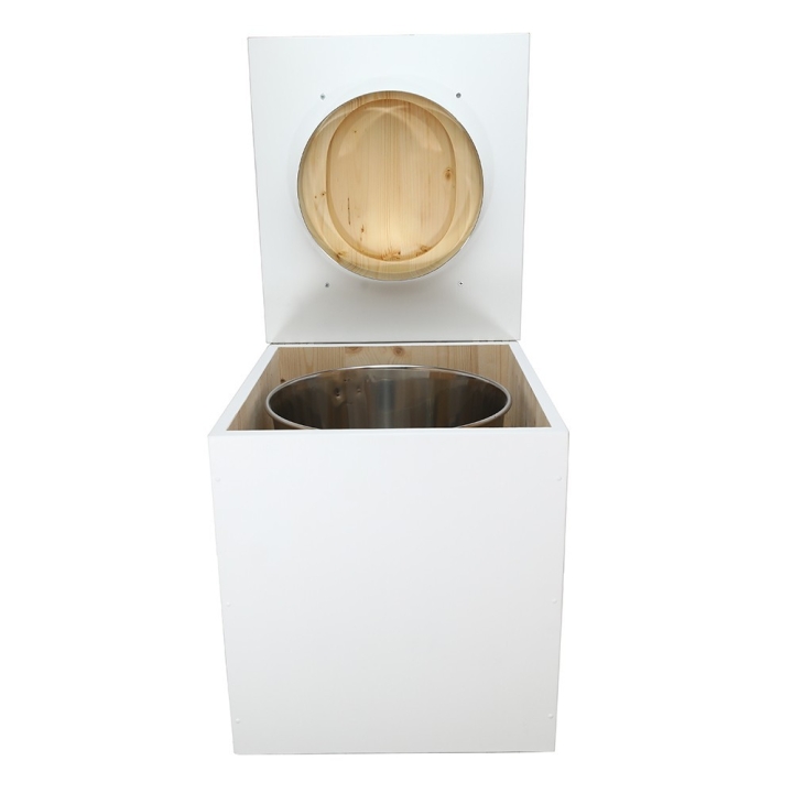  Toilette sèche rehaussée en bois blanc complète avec seau inox 22 litres et bavette inox - abattant bois huilé en forme de D