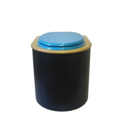Toilette sèche arrondie noire, couvercle huilé, abattant turquoise, seau plastique 22 L, bavette inox. modèle rehaussé PMR