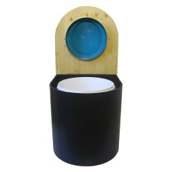 Toilette sèche arrondie noire, couvercle huilé, abattant turquoise, seau plastique 22 L, bavette inox. modèle rehaussé PMR