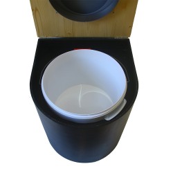 Toilette sèche arrondie noire, couvercle huilé, abattant gris, seau plastique 22 L, bavette inox. modèle rehaussé PMR