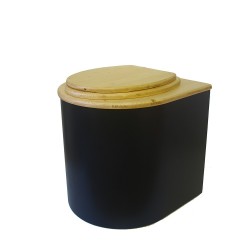 Toilette sèche arrondie noire, couvercle huilé, abattant bois huilé, seau plastique 22 L, bavette inox. modèle rehaussé PMR