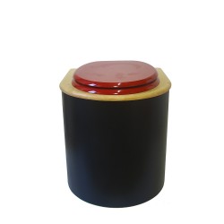 Toilette sèche arrondie noire, couvercle huilé, abattant rouge, seau plastique 22 L, bavette inox. modèle rehaussé PMR
