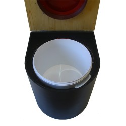 Toilette sèche arrondie noire, couvercle huilé, abattant rouge, seau plastique 22 L, bavette inox. modèle rehaussé PMR