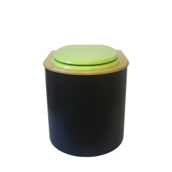 Toilette sèche arrondie noire, couvercle huilé, abattant vert, seau plastique 22 L, bavette inox. modèle rehaussé PMR