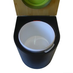 Toilette sèche arrondie noire, couvercle huilé, abattant vert, seau plastique 22 L, bavette inox. modèle rehaussé PMR