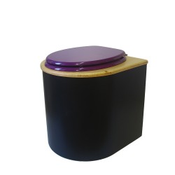 Toilette sèche arrondie noire, couvercle huilé, abattant violet, seau plastique 22 L, bavette inox. modèle rehaussé PMR