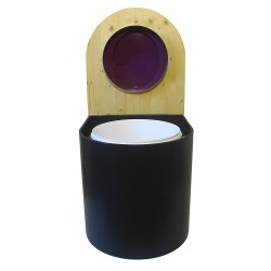 Toilette sèche arrondie noire, couvercle huilé, abattant violet, seau plastique 22 L, bavette inox. modèle rehaussé PMR