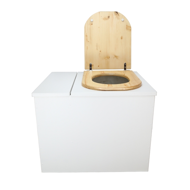 Toilette sèche rehaussée en bois blanc avec bac intégré. Livré avec bavette inox et seau 22 litres. abattant huilé en forme de D