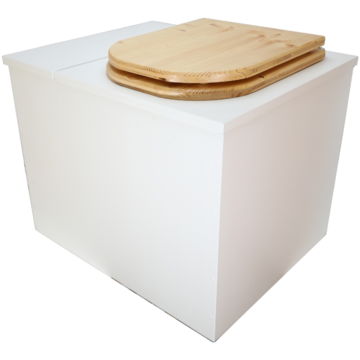Toilette sèche rehaussée en bois blanc avec bac intégré. Livré avec bavette inox et seau 22 litres. abattant huilé en forme de D