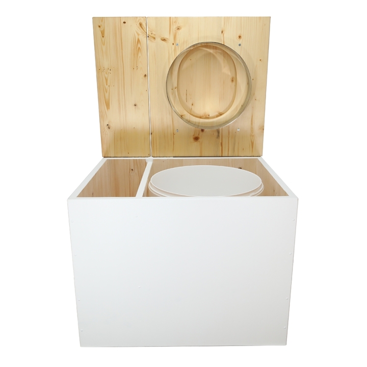 Toilette sèche rehaussée en bois blanc/huilé avec bac intégré. Livré avec bavette inox et seau 22L. abattant huilé en forme de D