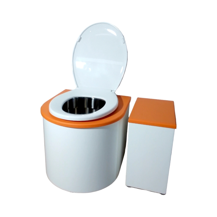 Ensemble toilette sèche arrondie + bac à copeaux / finition blanc/orange avec seau inox