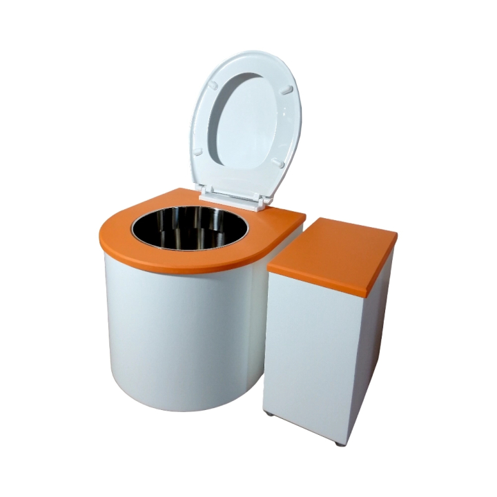 Ensemble toilette sèche arrondie + bac à copeaux / finition blanc/orange avec seau inox