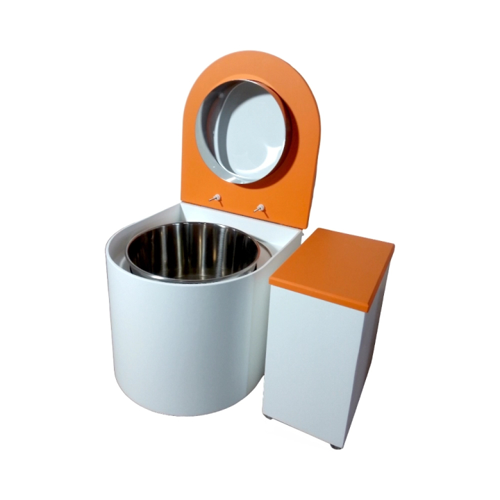 Ensemble toilette sèche arrondie + bac à copeaux / finition blanc/orange avec seau inox