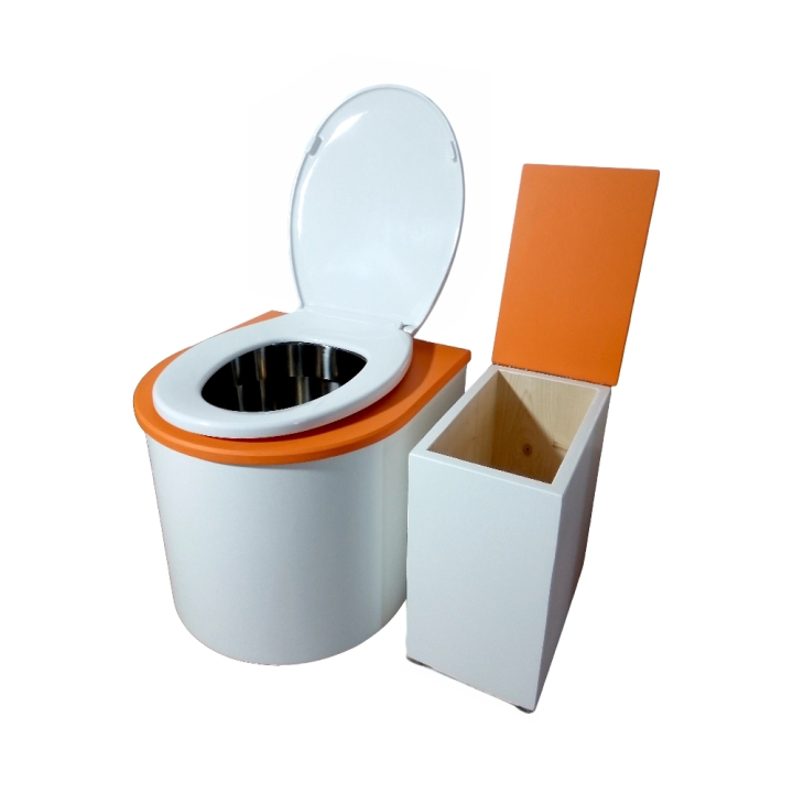 Ensemble toilette sèche arrondie + bac à copeaux / finition blanc/orange avec seau inox
