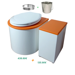 Ensemble toilette sèche arrondie + bac à copeaux / finition blanc/orange avec seau inox