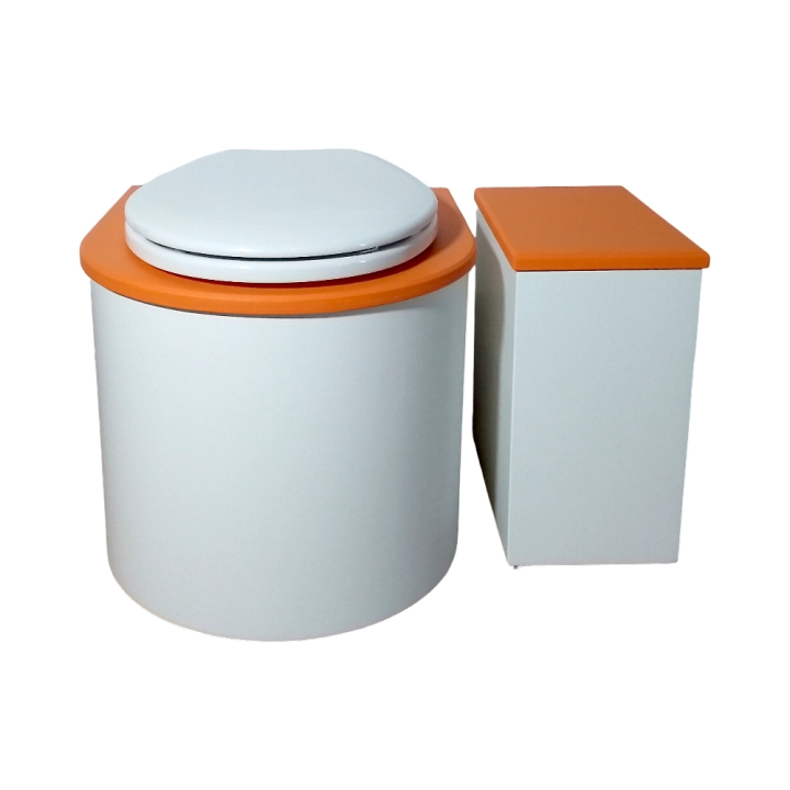 Ensemble toilette sèche arrondie + bac à copeaux / finition blanc/orange avec seau plastique