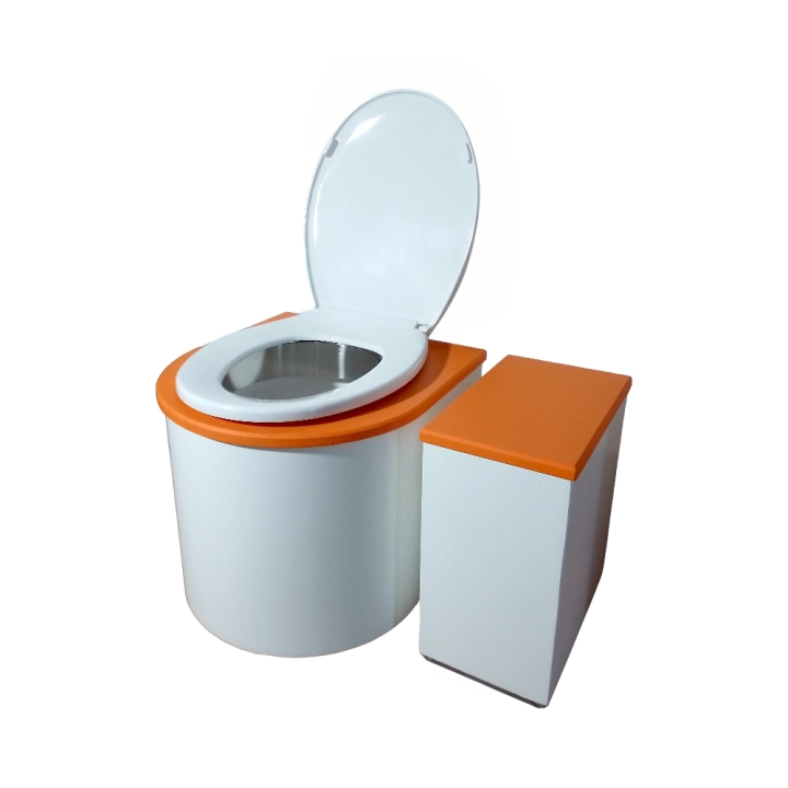 Ensemble toilette sèche arrondie + bac à copeaux / finition blanc/orange avec seau plastique