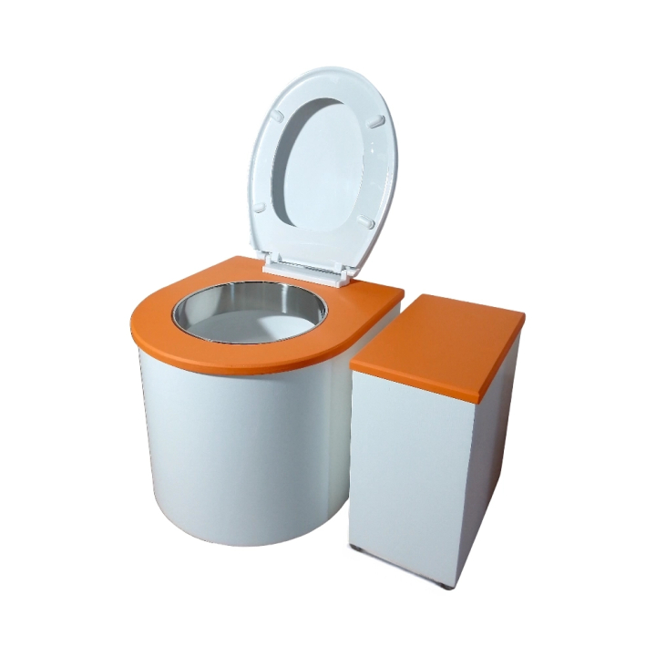 Ensemble toilette sèche arrondie + bac à copeaux / finition blanc/orange avec seau plastique