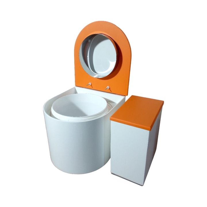 Ensemble toilette sèche arrondie + bac à copeaux / finition blanc/orange avec seau plastique