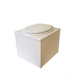 toilette sèche de couleur blanche complète avec seau plastique 22L, bavette inox, abattant blanc