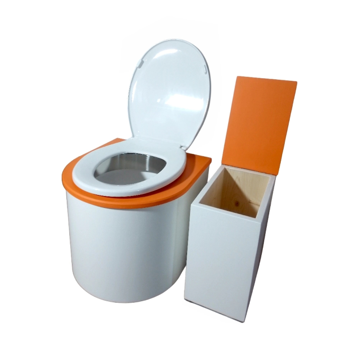 Ensemble toilette sèche arrondie + bac à copeaux / finition blanc/orange avec seau plastique