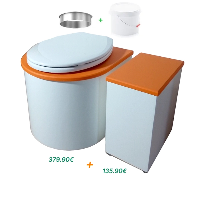 Ensemble toilette sèche arrondie + bac à copeaux / finition blanc/orange avec seau plastique