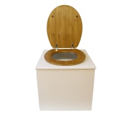 toilette sèche de couleur blanche complète avec seau plastique 22L, bavette inox, abattant bambou