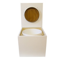 toilette sèche de couleur blanche complète avec seau plastique 22L, bavette inox, abattant bambou