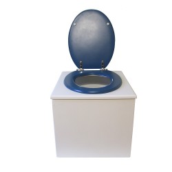 Toilette sèche de couleur blanche complète avec seau plastique 22L, bavette inox, abattant bleu nuit