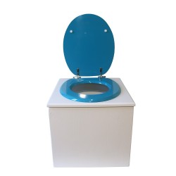 Toilette sèche de couleur blanche complète avec seau plastique 22L, bavette inox, abattant bleu turquoise